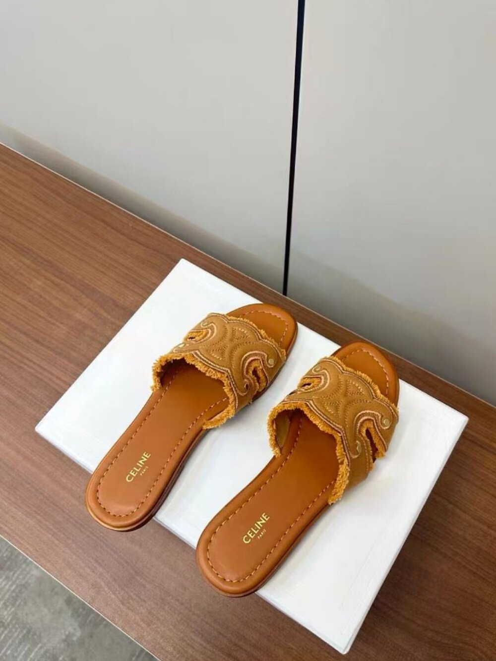 Celine Triomphe Canvas & Leather Flat Sandals